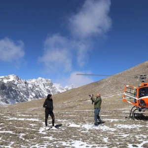people clicking photo at everest base camp helicopter tour